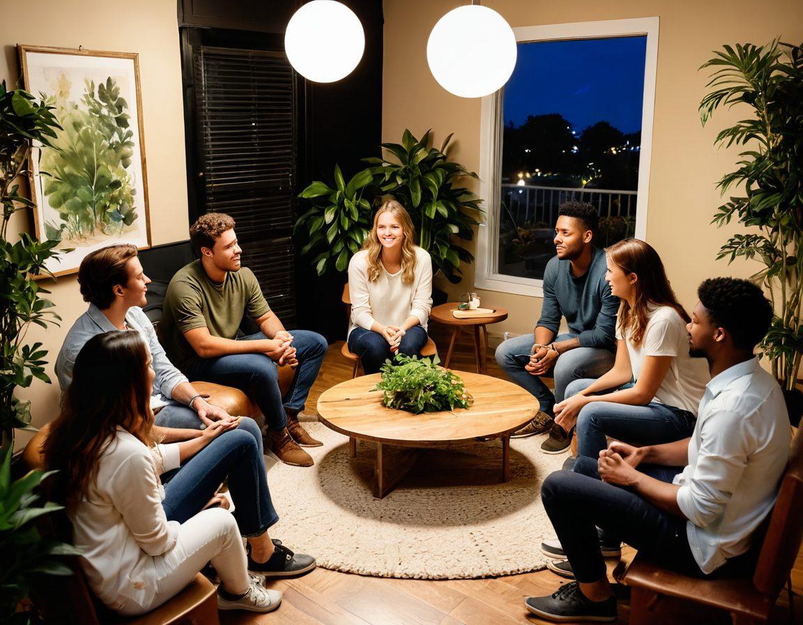 A diverse group of young adults engaged in a circle discussion, openly sharing thoughts on romance and relationships. The setting is a warm, inviting space with plants, cozy lighting, and supportive expressions. Illustrate elements of unity, understanding, and empathy, with visual symbols representing healthy communication like speech bubbles. super-realistic. warm colors. cozy atmosphere.