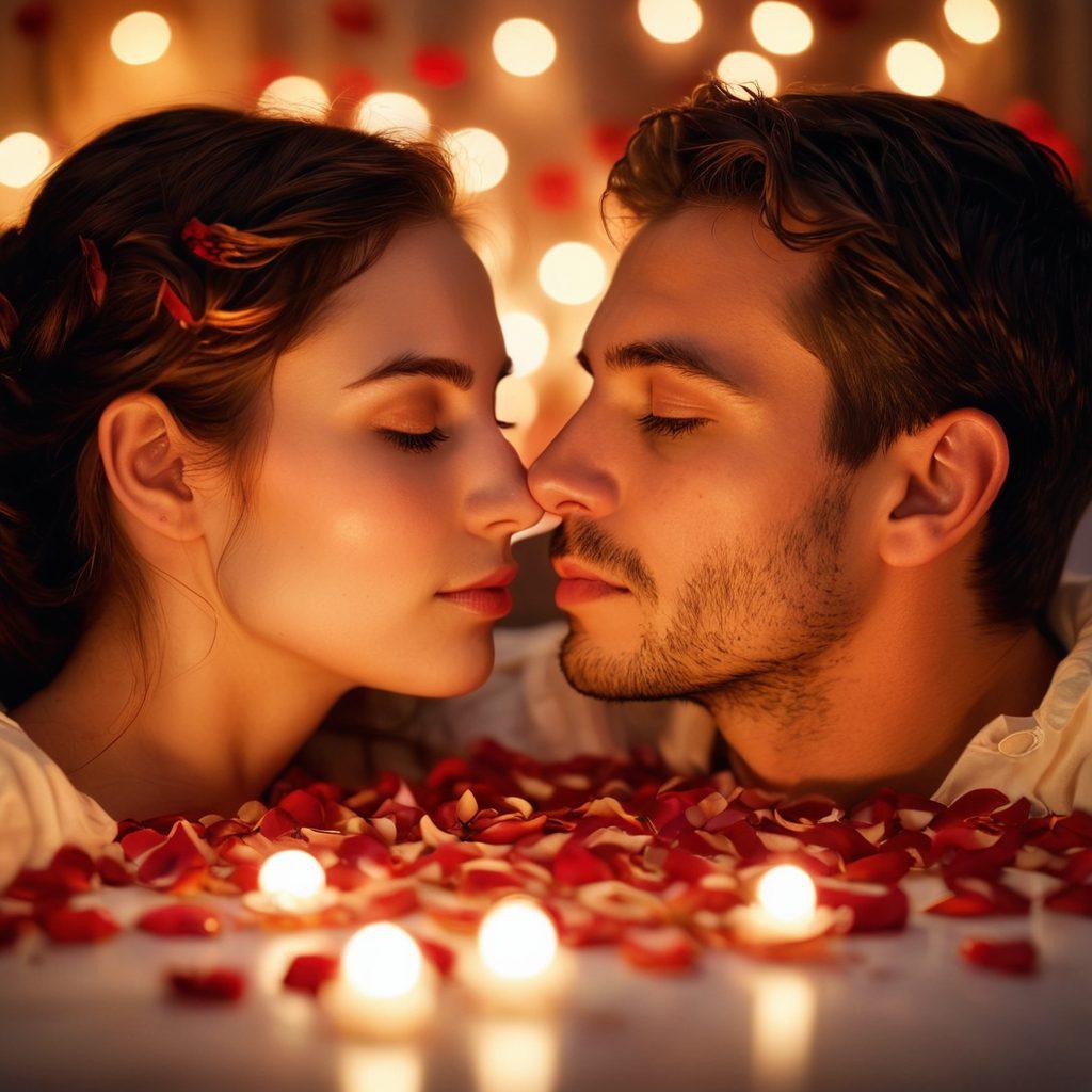 A tender scene depicting a couple embracing in soft candlelight, showcasing the passion and intimacy between them. Surround them with delicate rose petals, and have a warm color palette of reds and golds illuminating their faces. The background should feature subtle heart shapes to enhance the theme of love. Consider adding a serene atmosphere created by soft bokeh lights. romantic art. warm tones. soft focus.