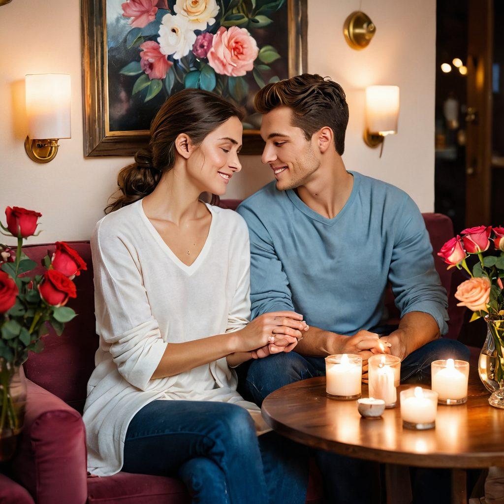 A warm, intimate scene of a couple sitting close together in a cozy setting, surrounded by soft lighting and personal mementos that represent trust, such as intertwined hands, heart symbols, and open communication. Their facial expressions should radiate love and understanding, with an inviting atmosphere that encourages emotional connection. The background should feature a subtle blend of romantic elements like roses and gentle hues. vibrant colors. soft focus. painting.